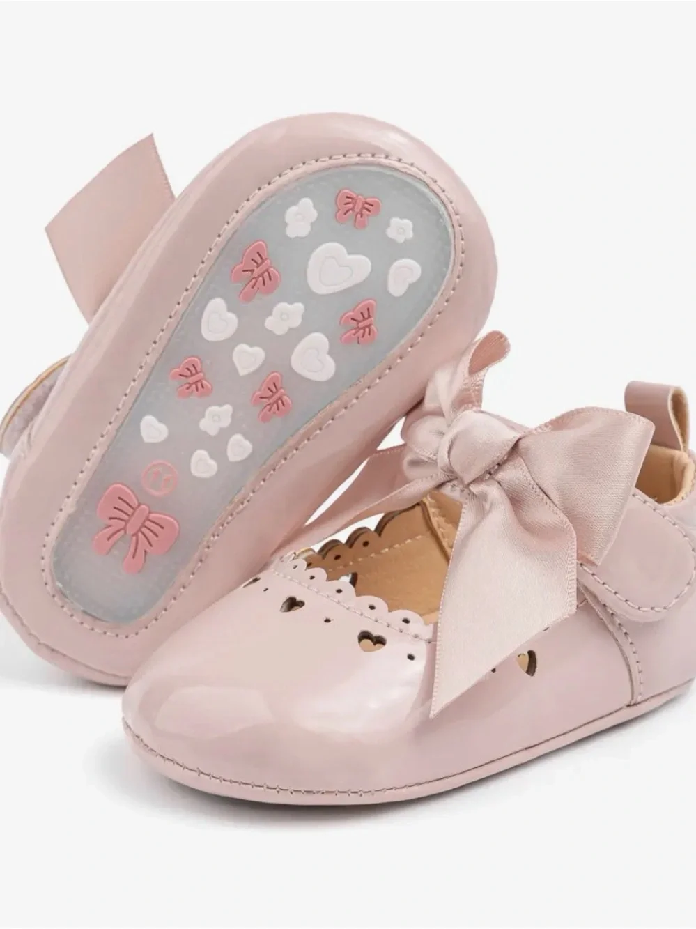 Cute Heart Pink Front Satin Bow Baby Shoes